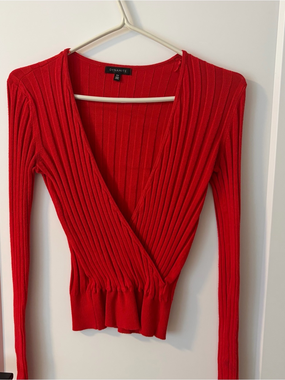 Dynamite Ribbed Wrap V-Neck Sweater - Red - Picture 3 of 4